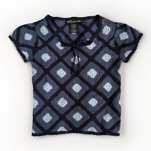 Vintage No Boundaries Crochet Knit Grannycore Square Top Medium Blue Boho Y2k